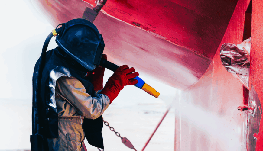 Worker sandblasting corroded hull boat